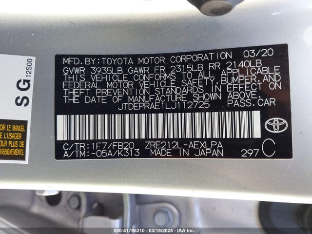 JTDEPRAE1LJ112725 Toyota COROLLA LE