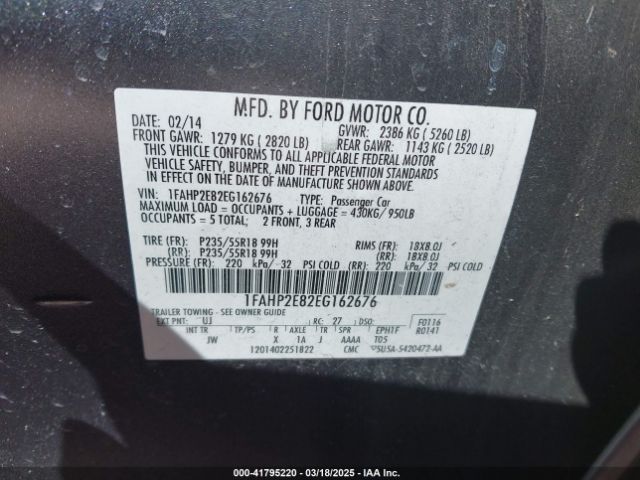1FAHP2E82EG162676 Ford TAURUS SEL