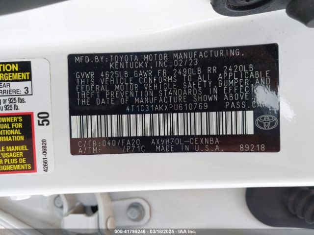 4T1C31AKXPU610769 Toyota Camry Le Hybrid