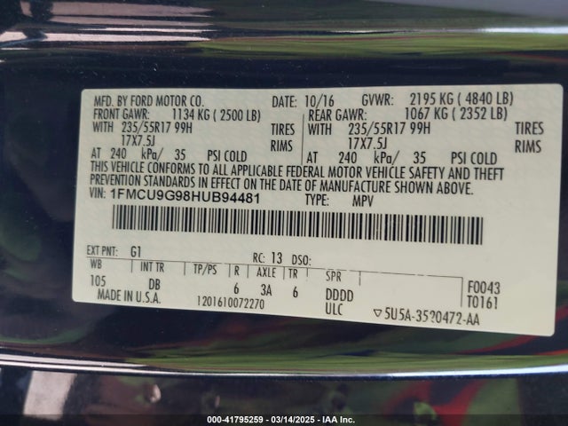 1FMCU9G98HUB94481 Ford ESCAPE SE