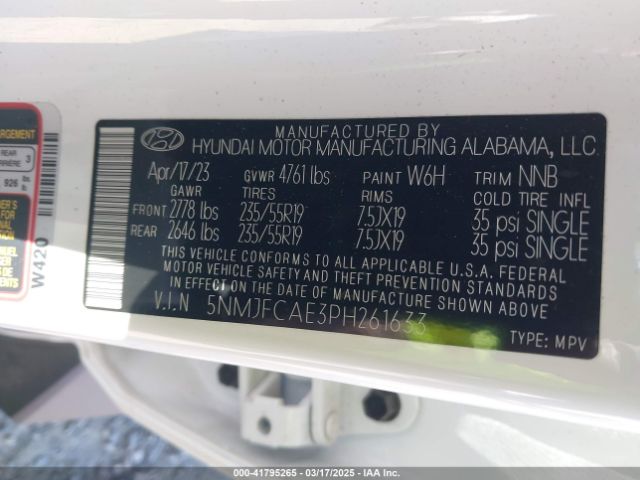 5NMJFCAE3PH261633 Hyundai TUCSON SEL