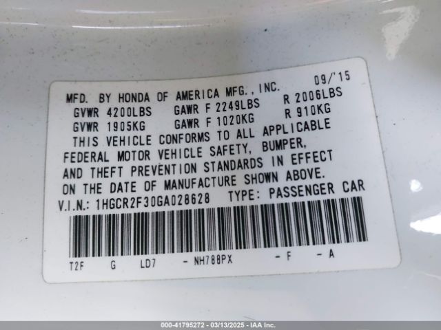 1HGCR2F30GA028628 Honda ACCORD LX