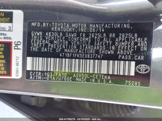 4T1BF1FK5EU837747 Toyota CAMRY L
