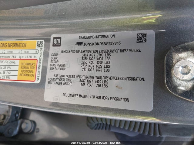 1GNSKDKD6NR327345 Chevrolet Suburban 4wd Z71