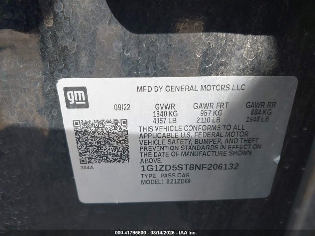 1G1ZD5ST8NF206132 Chevrolet Malibu Fwd Lt