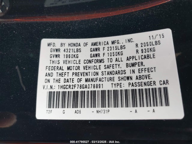 1HGCR2F78GA078891 Honda ACCORD EX