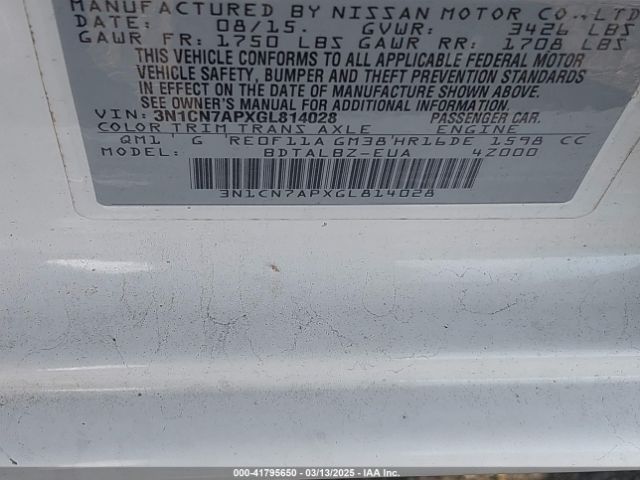 3N1CN7APXGL814028 Nissan Versa 1.6 S/1.6 S+/1.6 Sl/1.6 Sv