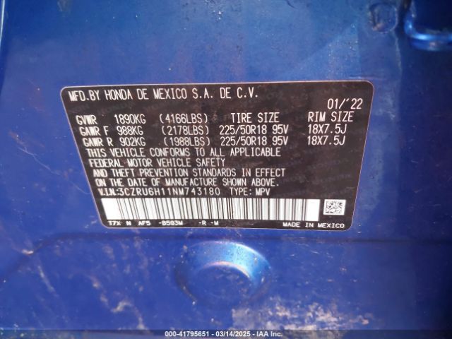 3CZRU6H11NM743180 Honda Hr-v Awd Sport