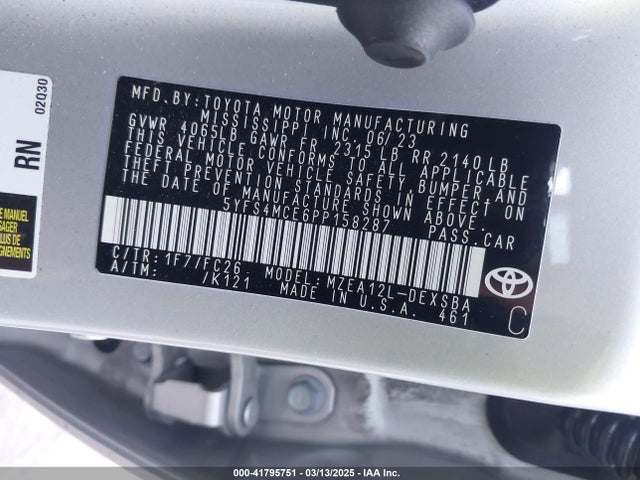 5YFS4MCE6PP158287 Toyota COROLLA SE