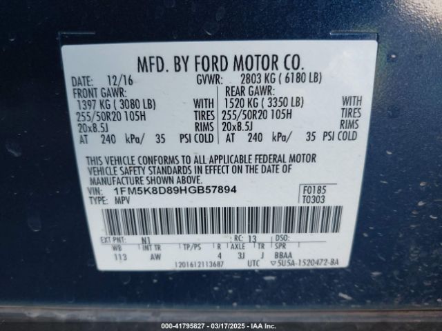 1FM5K8D89HGB57894 Ford EXPLORER XLT