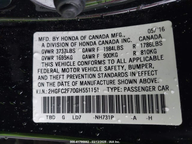 2HGFC2F70GH551151 Honda CIVIC EX