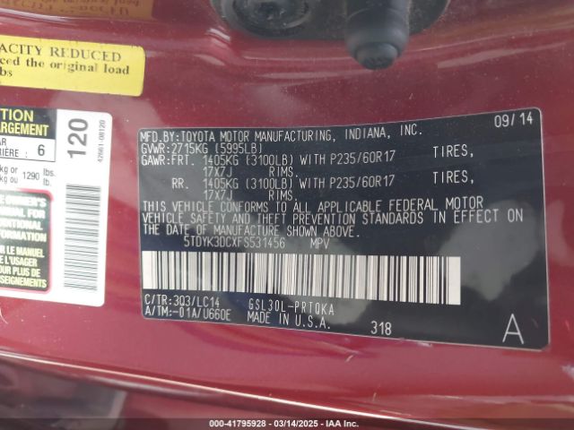 5TDYK3DCXFS531456 Toyota Sienna Xle 8 Passenger