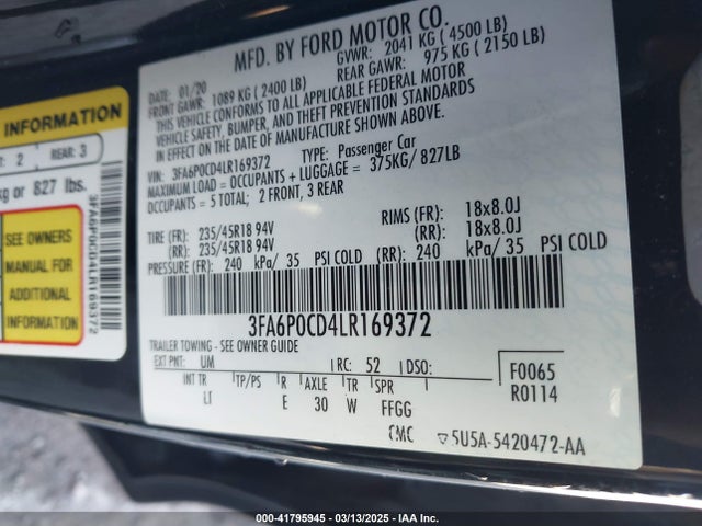 3FA6P0CD4LR169372 Ford FUSION SEL