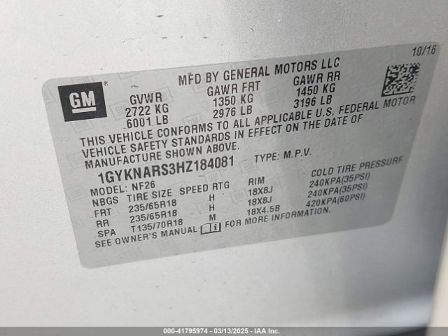 1GYKNARS3HZ184081 Cadillac Xt5 Standard