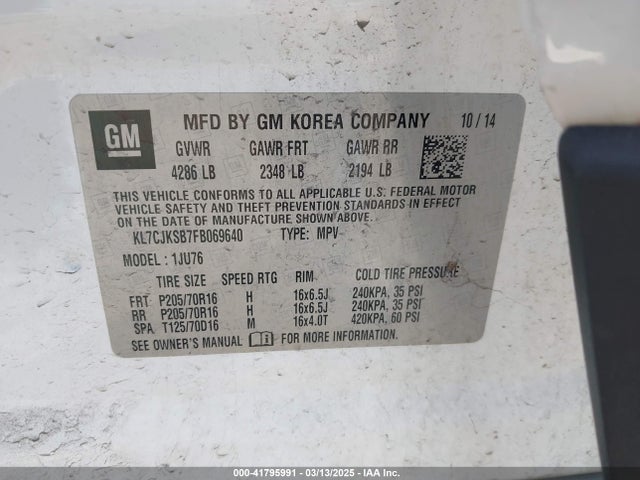 KL7CJKSB7FB069640 Chevrolet Trax 1ls