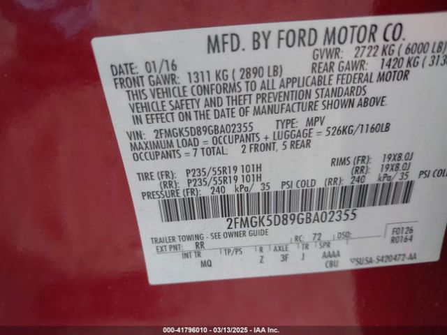 2FMGK5D89GBA02355 Ford Flex Limited