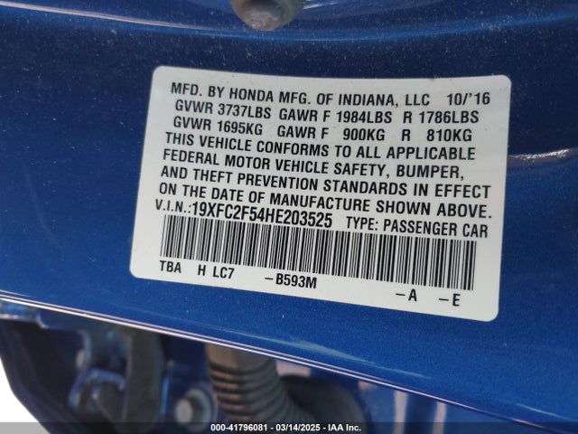 Honda Civic Lx 2017 19XFC2F54HE203525 Image 9
