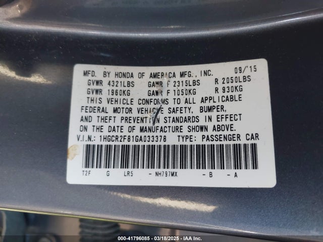 1HGCR2F81GA033378 Honda Accord Ex-l