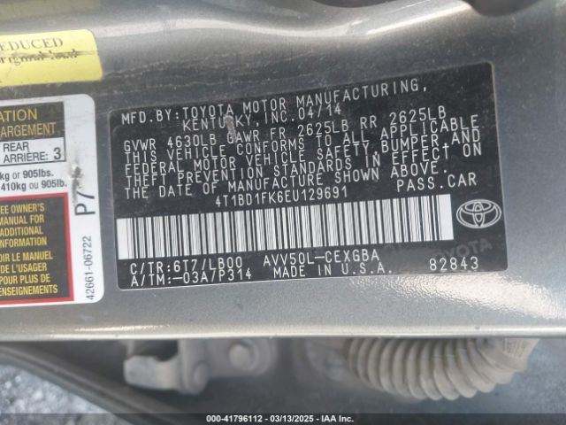 4T1BD1FK6EU129691 Toyota Camry Hybrid Xle