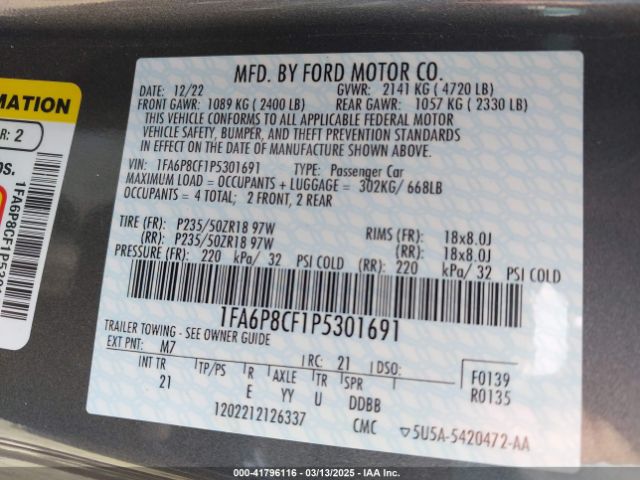 1FA6P8CF1P5301691 Ford Mustang Gt Fastback