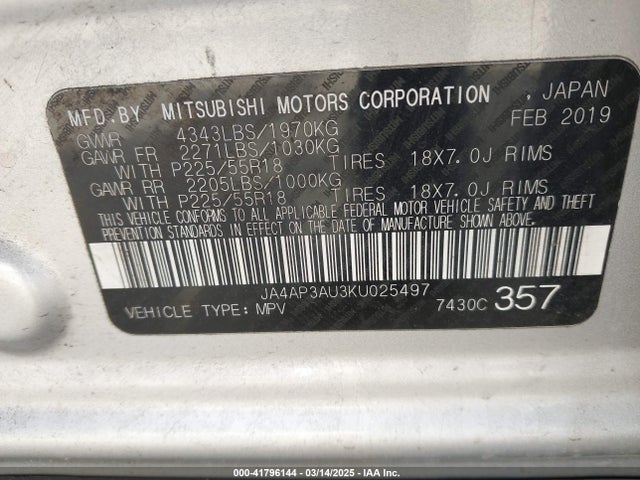 JA4AP3AU3KU025497 Mitsubishi Outlander Sport 2.0 Le
