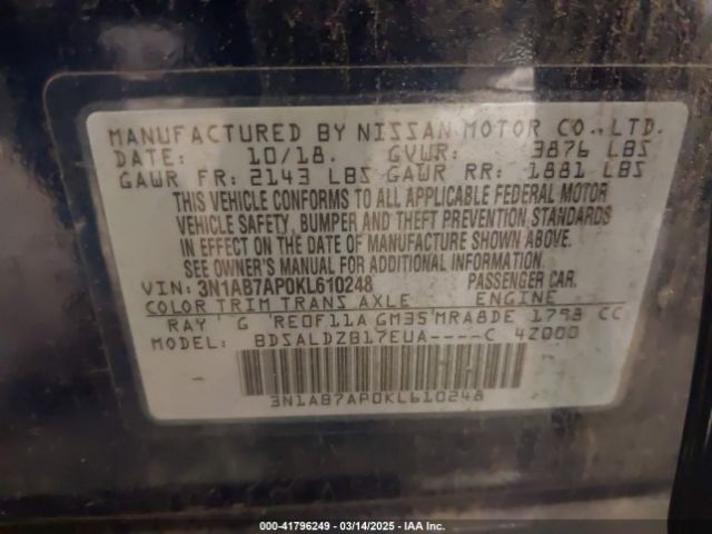 3N1AB7AP0KL610248 Nissan SENTRA SV