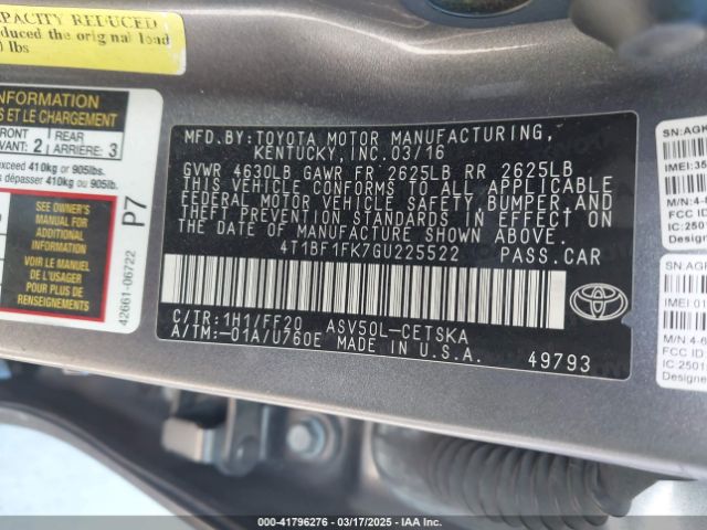 4T1BF1FK7GU225522 Toyota CAMRY SE
