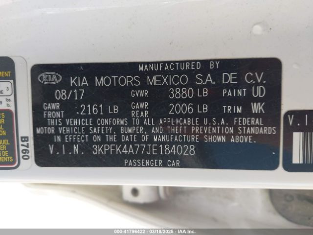 3KPFK4A77JE184028 KIA FORTE LX