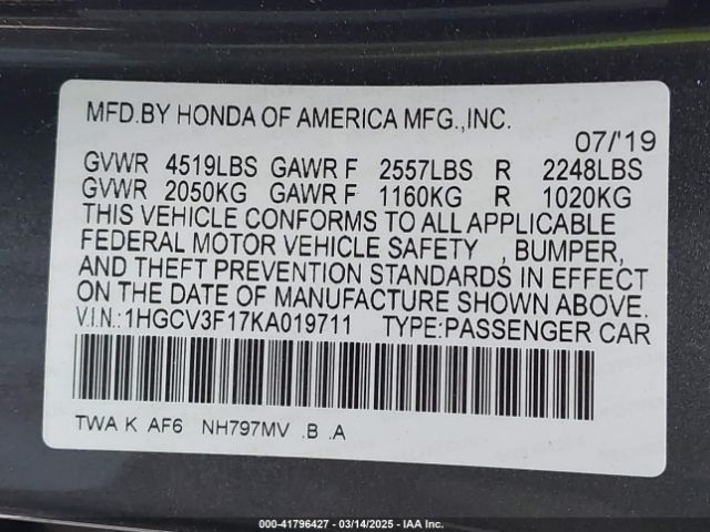 1HGCV3F17KA019711 Honda ACCORD HYBRID