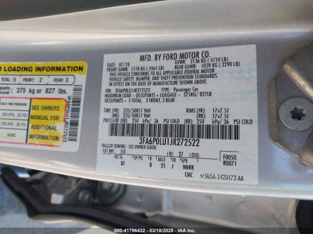 3FA6P0LU1JR272522 Ford Fusion Hybrid Se