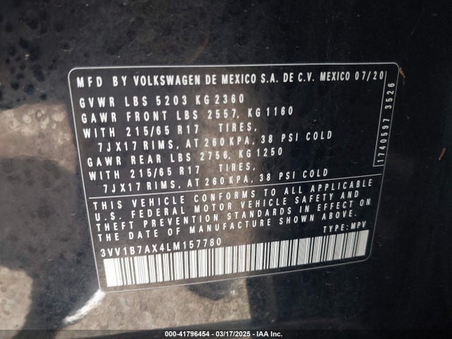 3VV1B7AX4LM157780 Volkswagen Tiguan 2.0t S