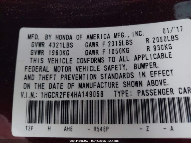 1HGCR2F64HA149058 Honda Accord Sport