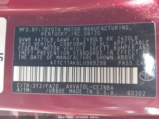 4T1C11AK6LU989298 Toyota CAMRY LE