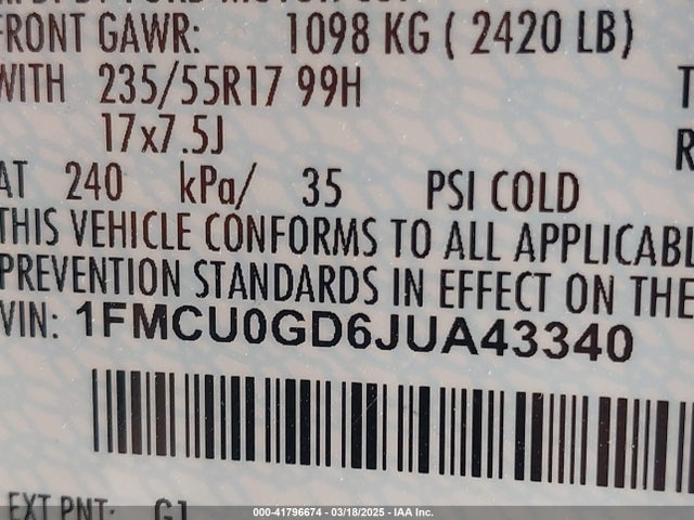 1FMCU0GD6JUA43340 Ford ESCAPE SE