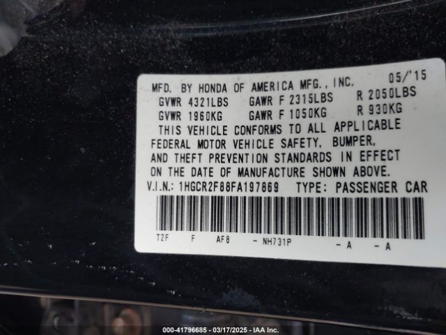 1HGCR2F88FA197869 Honda Accord Ex-l