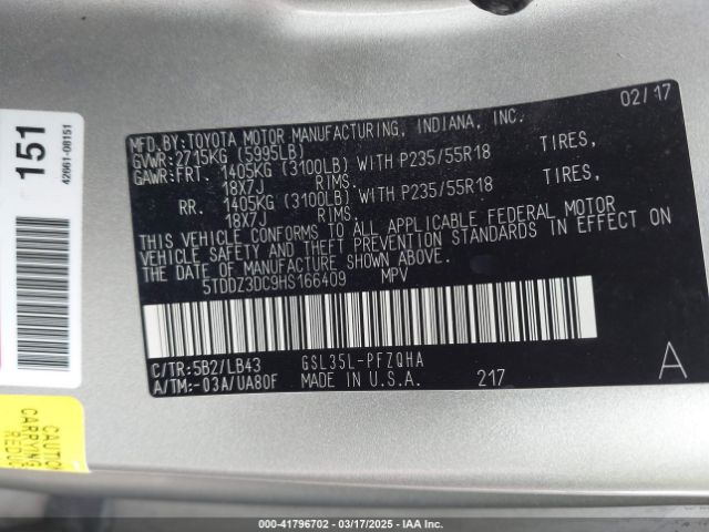 5TDDZ3DC9HS166409 Toyota Sienna Limited Premium 7 Passenger