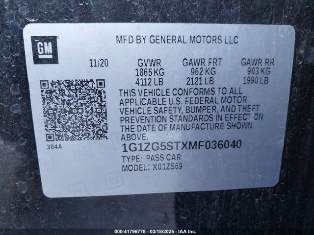1G1ZG5STXMF036040 Chevrolet Malibu Fwd Rs