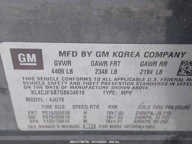 KL4CJFSB7GB634619 Buick Encore Convenience
