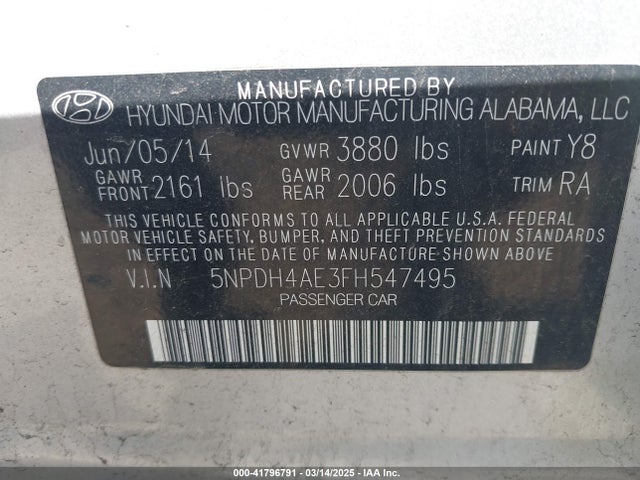 5NPDH4AE3FH547495 Hyundai ELANTRA SE