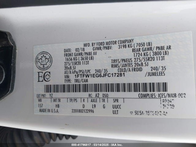 1FTFW1EG6JFC17281 Ford F-150 Lariat