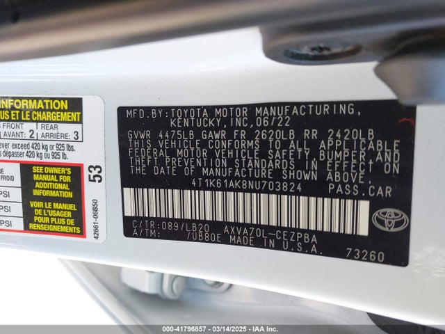 4T1K61AK8NU703824 Toyota CAMRY XSE