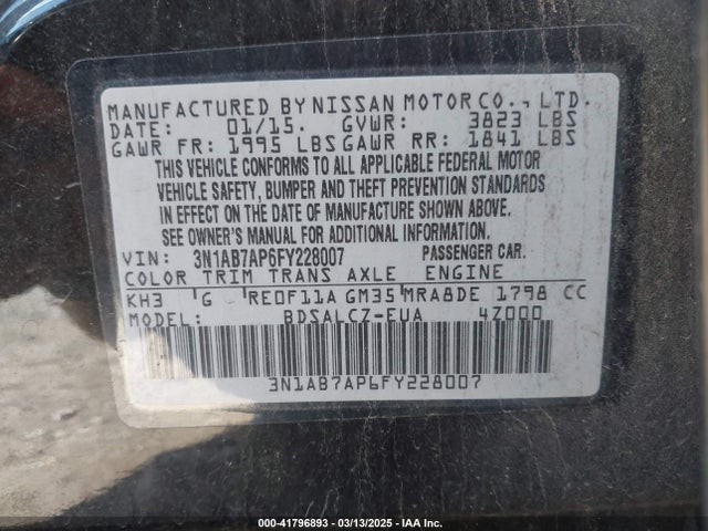 3N1AB7AP6FY228007 Nissan SENTRA S