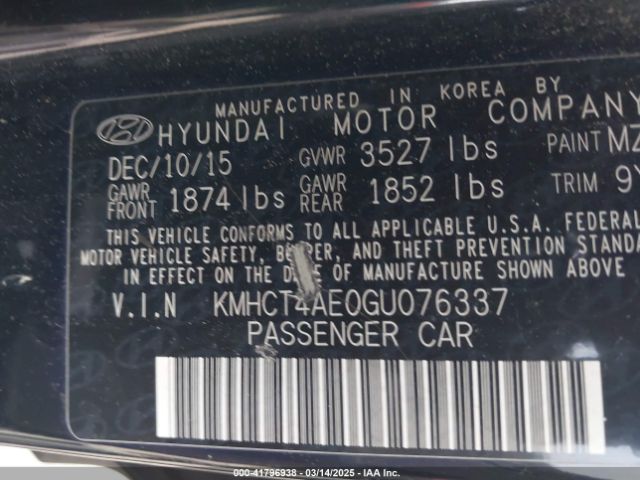 KMHCT4AE0GU076337 Hyundai ACCENT SE