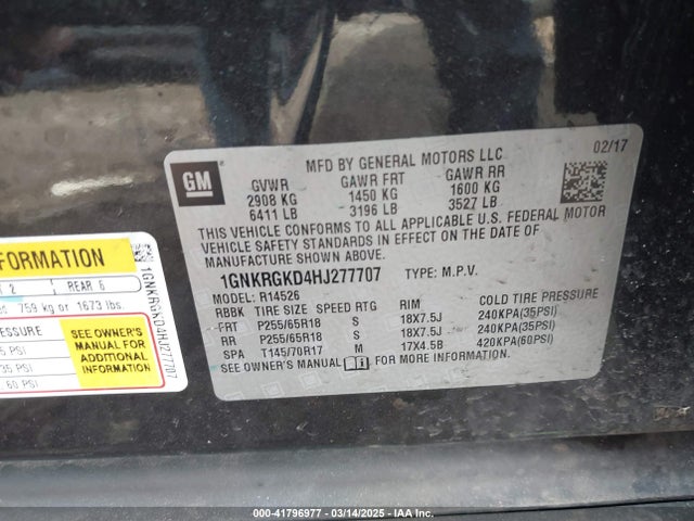 1GNKRGKD4HJ277707 Chevrolet Traverse 1lt