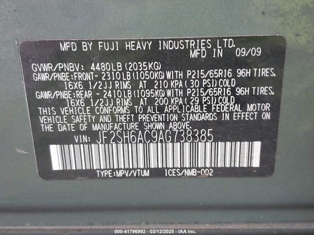 41796992 :رقم المزاد ، JF2SH6AC9AG738385 vin ، 2010 Subaru Forester 2.5x مزاد بيع