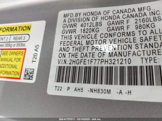 2HGFE1F77PH321210 Honda Civic Ex /ex W/o Bsi