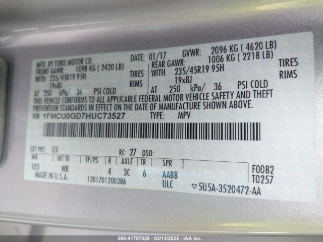 1FMCU0GD7HUC73527 Ford ESCAPE SE