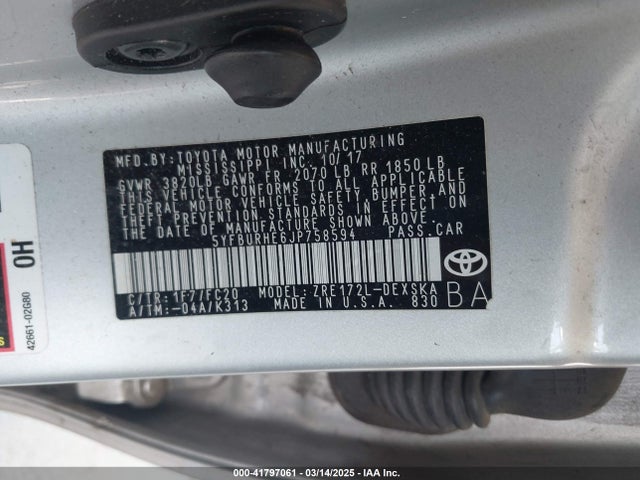 5YFBURHE6JP758594 Toyota COROLLA SE