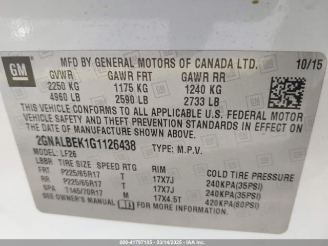 2GNALBEK1G1126438 Chevrolet EQUINOX LS