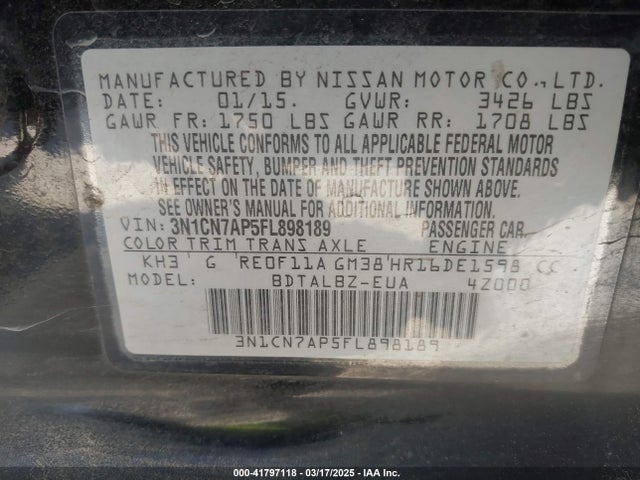 3N1CN7AP5FL898189 Nissan Versa 1.6 Sv